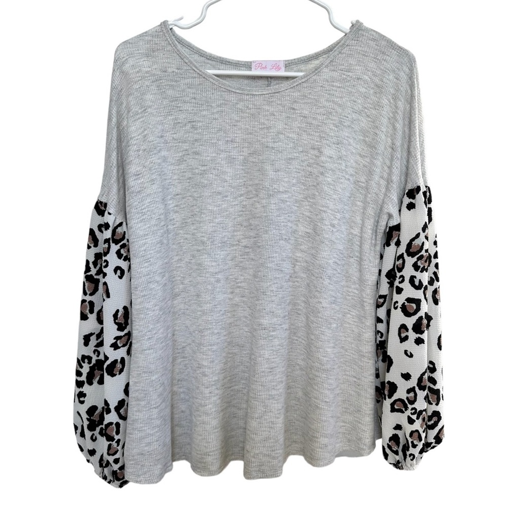 Small Gray Heathered Waffle Long Sleeve Shirt with Leopard Accent Sleeves
